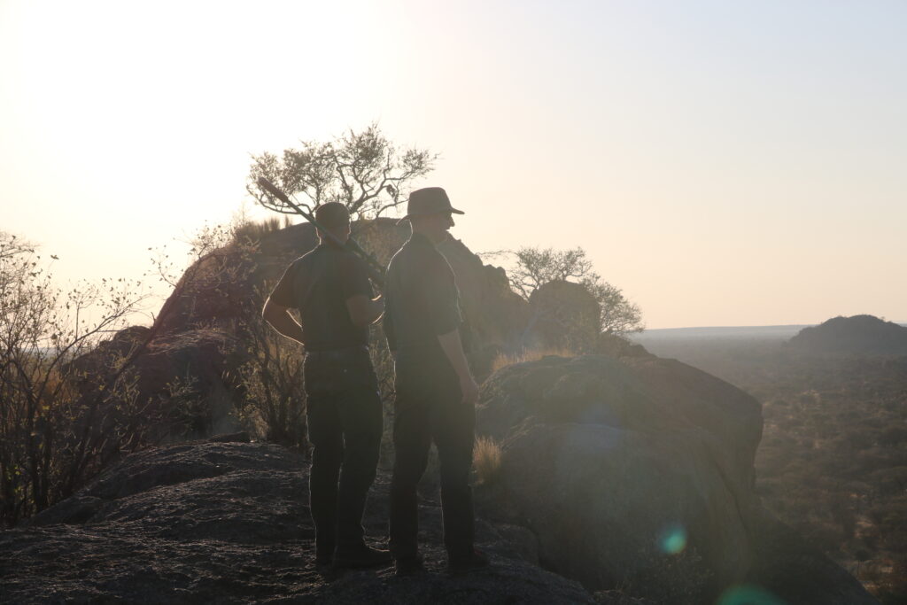 Hunters African Background with mountain, bush, and sun rays
